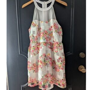 Main Strip Floral Print Mesh Halter Neck Fit Flare Dress Women's
